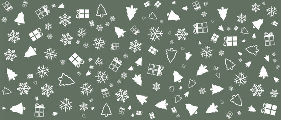 green pattern background snowflakes gifts bells decoration