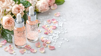Two elegant serum bottles surrounded by soft pink rose petals and flowers,rich soft and infused creating a serene and luxurious skincare setting.