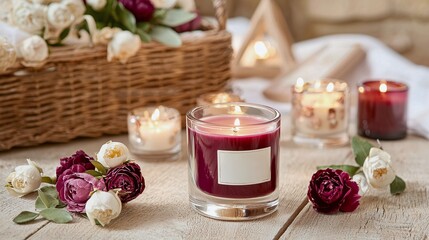A tranquil rich soft and infused arrangement featuring candles and flowers in calming hues, creating a cozy and inviting atmosphere.