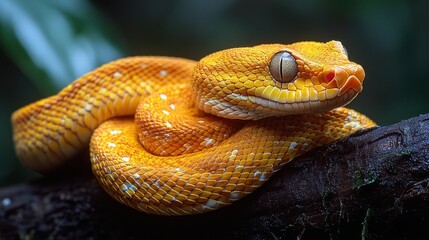 Fototapeta premium A vibrant yellow snake resting on a branch in a lush environment.
