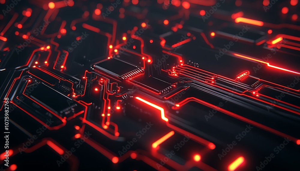 Leinwandbilder A close-up view of a dark circuit board illuminated by vibrant red lights, showcasing intricate pathways and electronic connections.