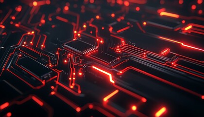 A close-up view of a dark circuit board illuminated by vibrant red lights, showcasing intricate pathways and electronic connections.