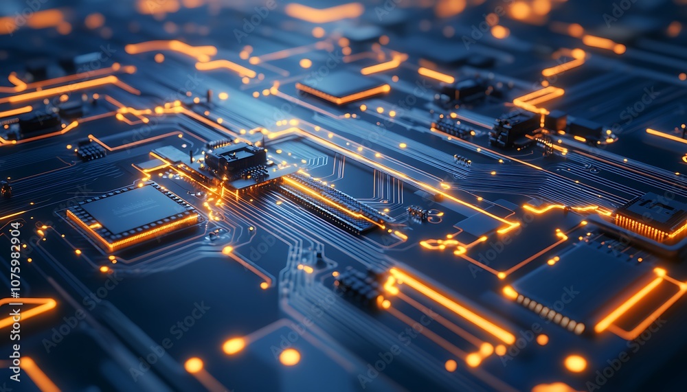 Leinwandbilder A close-up view of a circuit board with illuminated paths, showcasing intricate designs and vibrant connections.