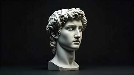 A close-up photograph of a classical white marble bust of a young man against a dramatic black background