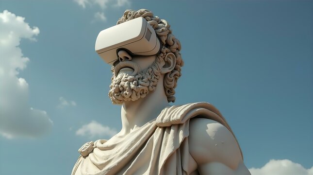 A classical marble bust of a bearded philosopher is juxtaposed with modern technology, wearing a VR headset and seemingly immersed in a virtual world