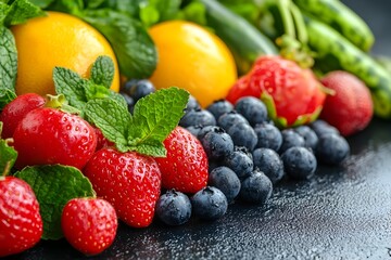 Obraz premium Bountiful Spread of Vibrant Fruits and Vegetables Promoting Natural Holistic Wellness and Immunity