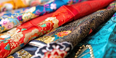 Fototapeta premium Close-up view of beautifully detailed hanbok patterns featuring lively colors, ideal for highlighting traditional Korean artistry. Generative AI