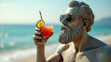 A surreal image of a classical style statue brought to life, enjoying a vibrant cocktail on a sunny beach