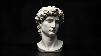 A close-up photograph of a classical white marble bust of a young man against a dramatic black background