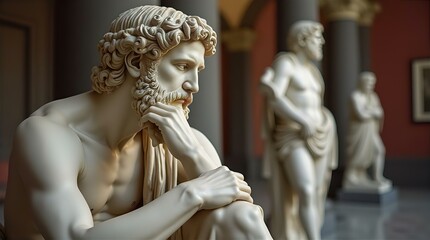 Obraz premium A close-up of a classical marble statue of a bearded man, seemingly deep in thought, with his hand on his chin