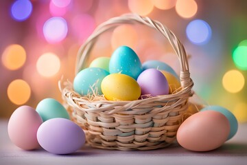 Naklejka premium Colorful easter eggs in a basket with pastel bokeh lights in the background, Ai Generated
