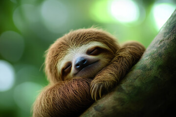 A cute sloth sleeping on a tree, with a soft, adorable face and plush fur, a close-up shot with a natural green background, soft lighting, and high-definition details.