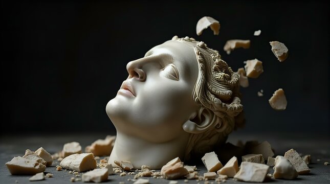 A dramatically lit, fragmented classical bust sculpture on a dark background