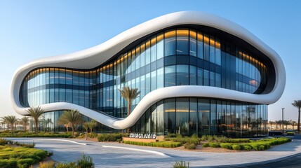 Obraz premium A modern, sleek, and innovative office building with a unique curved design, featuring large glass windows, white exterior, and a palm tree in front.