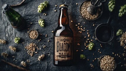 A bottle of craft beer with a rustic label, placed on a table surrounded by brewing ingredients like hops
