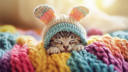 Fototapeta premium Sleeping kitten wearing a bunny hat curled up on a colorful knitted blanket in a cozy indoor setting