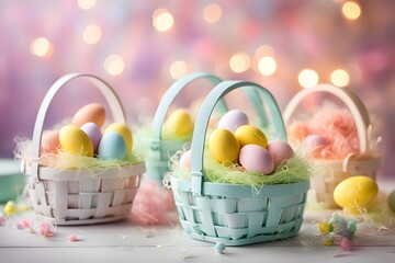 Easter baskets filled with treats with soft pastel bokeh lights creating a festive spring feel, AI Generated
