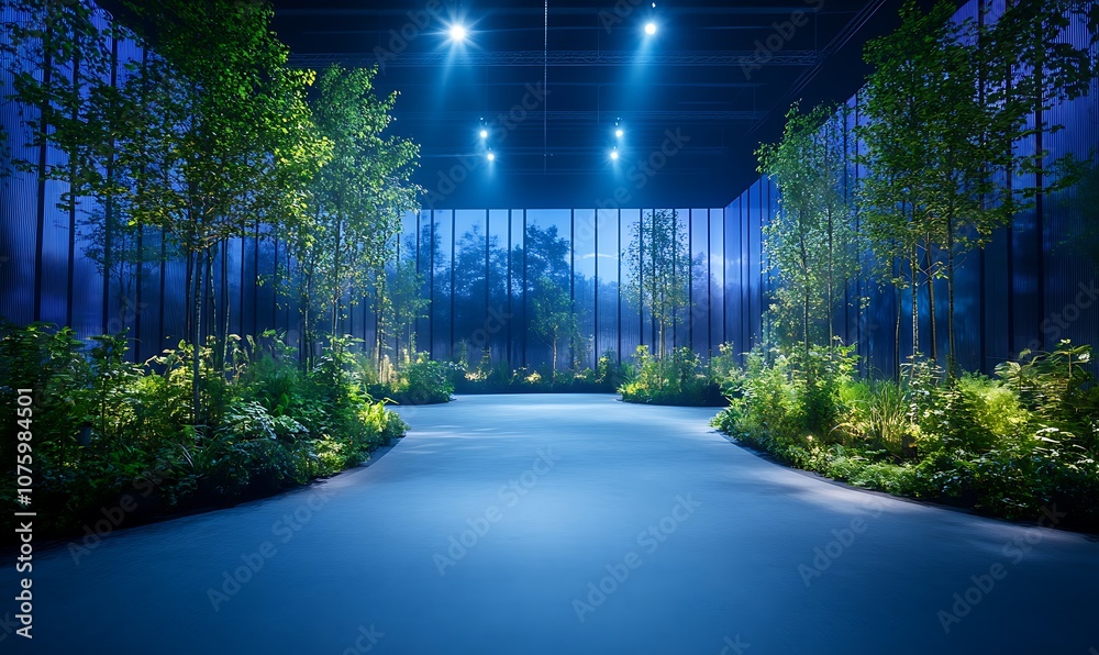 Poster a serene, illuminated pathway surrounded by lush greenery, creating a peaceful, ethereal atmosphere 