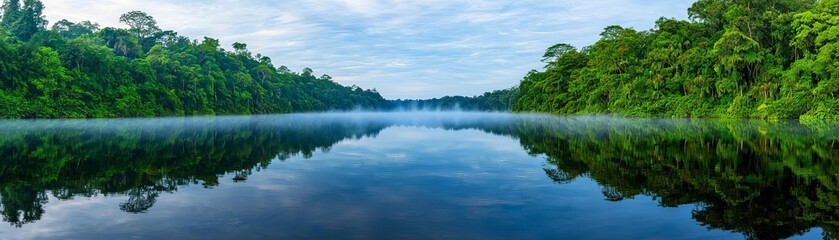 Fototapeta premium A serene river scene reflecting lush green forests and a clear blue sky, creating a tranquil atmosphere perfect for nature lovers and relaxation.