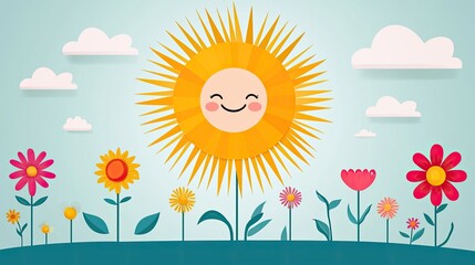 Vibrant Illustrative Scene Featuring a Cheerful Sun Character Surrounded by Colorful Flowers and a Clear Blue Sky with Soft Clouds