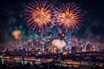 Fireworks over a cityscape with colorful bokeh lights in the foreground celebrating new years evening, Ai Generated