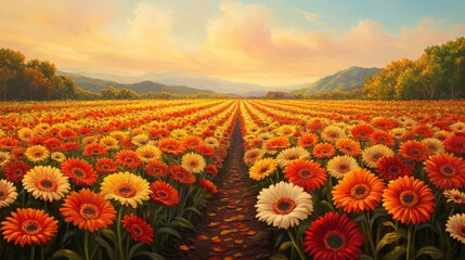 A field of gerbera daisies in full bloom, with rows of bright orange, red