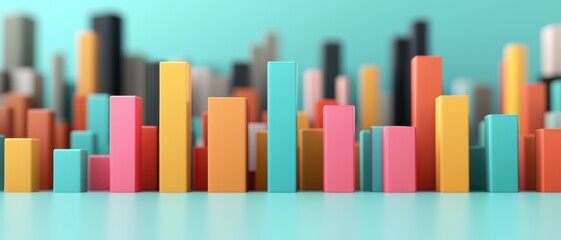 Colorful bar graphs create a vibrant cityscape impression against a turquoise background, showcasing data visualization in a lively manner.