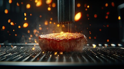 Skilled chef grilling a juicy beef patty on a professional grill, showcasing the art of cooking with flames and smoke in a dramatic culinary atmosphere