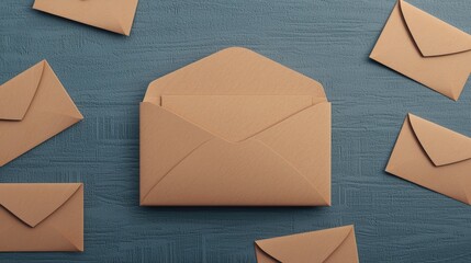 A flat lay of brown envelopes on a textured surface, showcasing a central envelope surrounded by smaller ones, creating a warm, organized aesthetic.