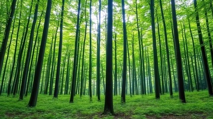 Obraz premium Sunlight filtering through misty forest trees as rays illuminate the dense foliage, casting a soft, mystical glow, enhancing the enchanting, calm beauty of a secluded forest