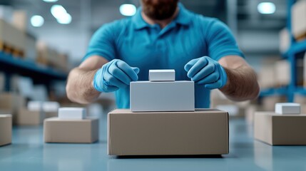 A worker in gloves stacks packages in a warehouse, focusing on efficient organization and preparation for shipment.
