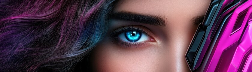 Obraz premium Captivating Close-Up of a Female Face with Striking Bright Blue Eye Surrounded by Vibrant Hair and Futuristic Handheld Device in an Edgy Sci-Fi Aesthetic