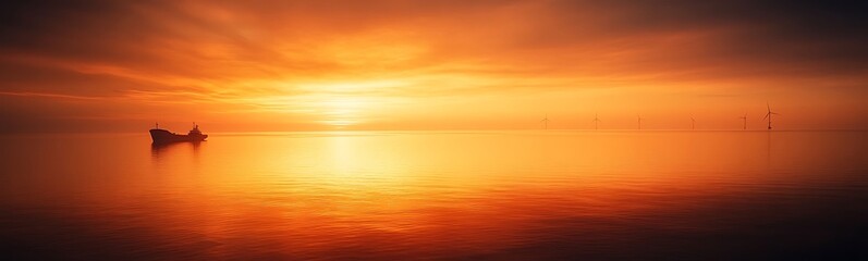 Obraz premium A tranquil sunset casts a warm glow over the water, with a lone boat silhouetted against the vibrant sky.