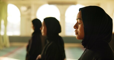 Profile of Muslim woman, mosque or praying to worship for Palestine, gratitude or support to Allah. Dua, Islamic faith and spiritual people kneeling for God on Ramadan Kareem for meditation together