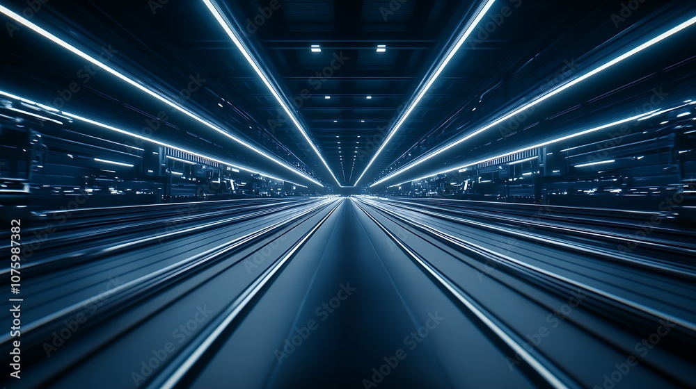 Poster a futuristic tunnel illuminated by bright blue lights, creating a sense of speed and depth, leading 
