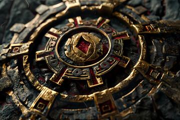 Obraz premium Intricate golden emblem with red accents, set against a textured dark background, evoking a sense of mystery and ancient artistry.