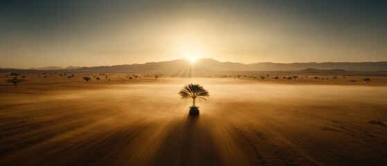 Explore the tranquil beauty of a lone palm tree standing tall amidst the desert landscape at sunrise