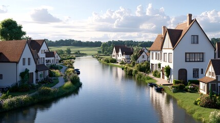 Obraz premium Tranquil Riverside Village with Thatched Cottages