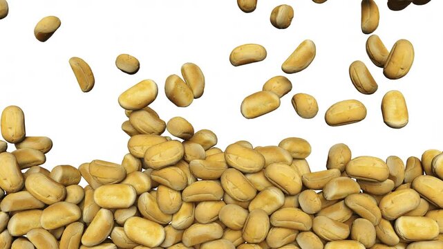 Full frame of falling fresh buns on white background. 3d rendering animation. Luma Matte included.