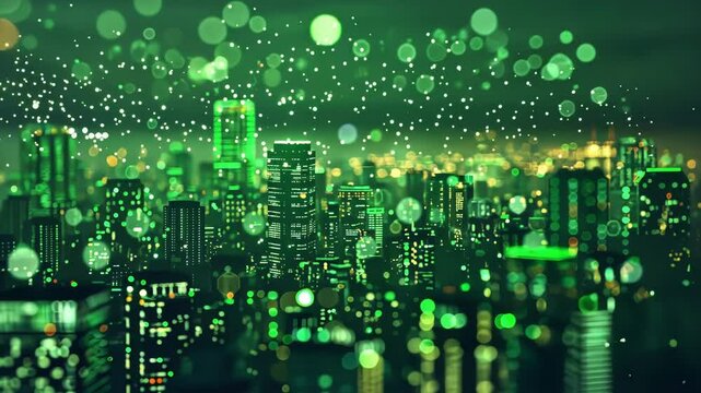 A futuristic city skyline rendered in green and dotted with faraway lights thanks to the goggles.