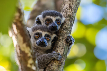 Naklejka premium Two cute baby ring-tailed lemurs, sitting in a tree, looking at the camera, close-up, soft natural lights.