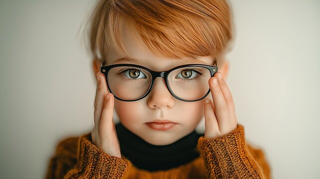 Child holding glasses on face with hands, vision problems, farsightedness and nearsightedness at an early age