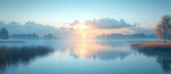 Obraz premium Serene Sunrise Over a Misty Lake