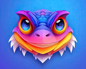 Fototapeta premium Colorful and Playful Cartoon Lizard Face Illustration with Big Eyes and Vivid Colors on a Bright Blue Background for Creative Projects and Designs