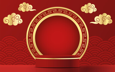 Red Podium round stage podium and paper art Chinese new year,Chinese Festivals, Mid Autumn Festival , red paper cut and asian elements