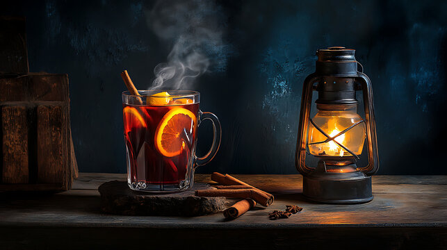 A steaming cup of mulled wine garnished with orange slices, cinnamon sticks, and cloves, placed on a rustic table next to a glowing lantern 