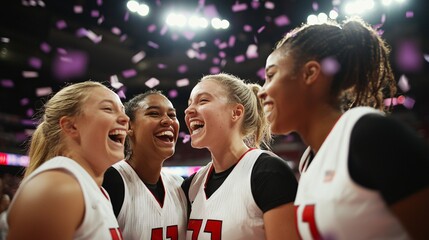 Joyful Celebration Amidst Confetti: Four Women's Basketball Players Enjoy a Moment of Triumph in a Brightly Lit Arena