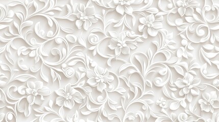 Elegant White Floral Relief Pattern with Curvy Vines and Detailed Flowers for Background Design in Soft and Subtle Aesthetic Style