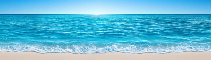 Obraz premium A breathtaking view of a tranquil ocean horizon at sunrise, with calm waves reflecting the bright blue sky and soft sandy beach inviting relaxation.