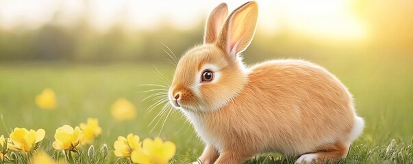 A cute, fluffy rabbit hops across a vibrant green field filled with bright yellow flowers under a warm, sunny sky, embodying the spirit of nature.